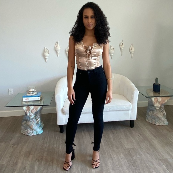 Champagne Satin Lace tie up front bodysuit - Picture 6 of 7